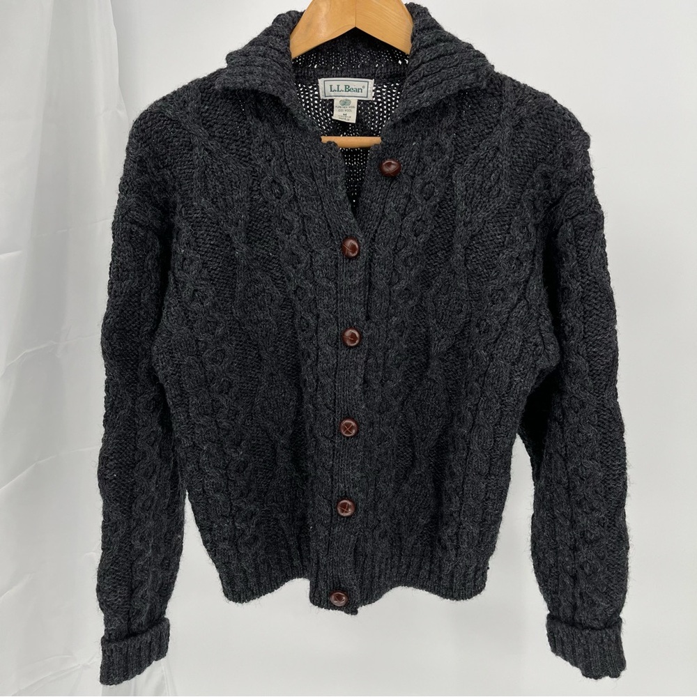 Vintage L.L.Bean Womens Irish Aran Cable Knit Cardigan Size M 100% Wool Charcoal
